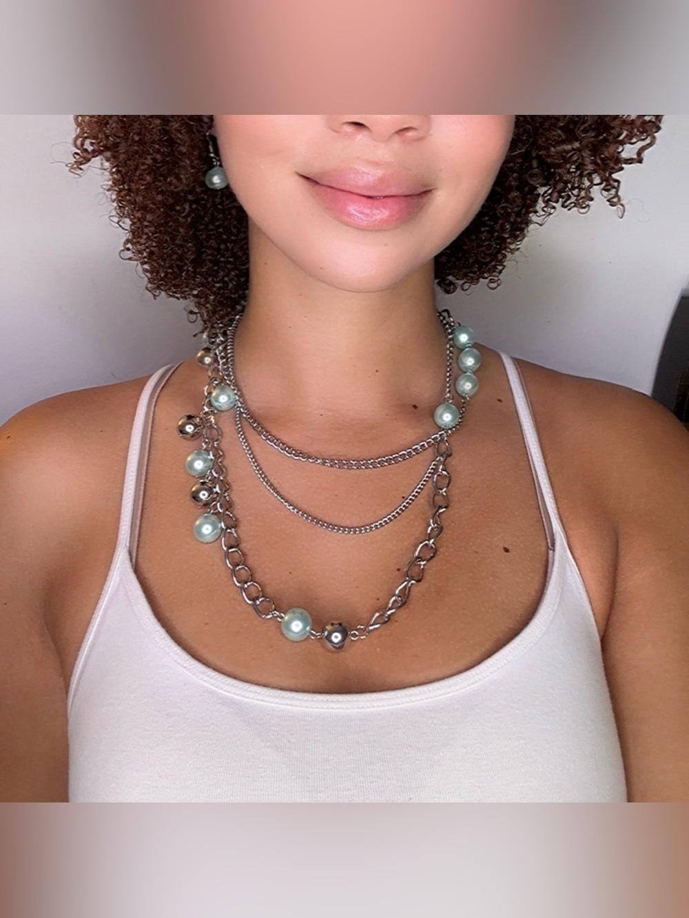 Silver Multi-Strand Necklace with Light Aqua Pearls